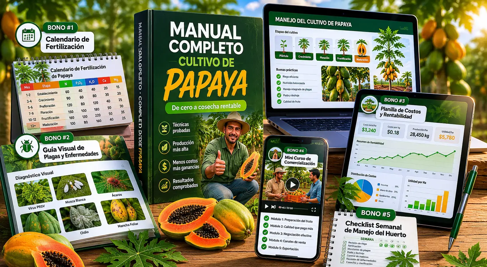 Manual digital de cultivo de papaya abierto en tablet y celular